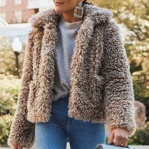 Zara Tan brown teddy faux fur coat short
